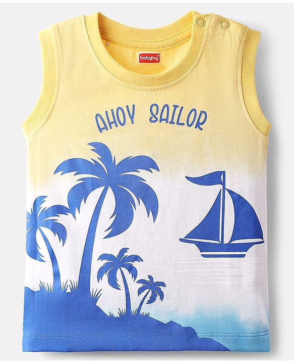 Babyhug Single Jersey Knit Sleeveless Tank T-Shirt and Shorts Set with Beach Theme Print - Blue & Yellow