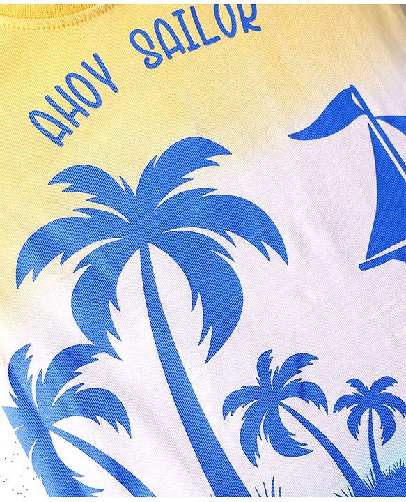 Babyhug Single Jersey Knit Sleeveless Tank T-Shirt and Shorts Set with Beach Theme Print - Blue & Yellow