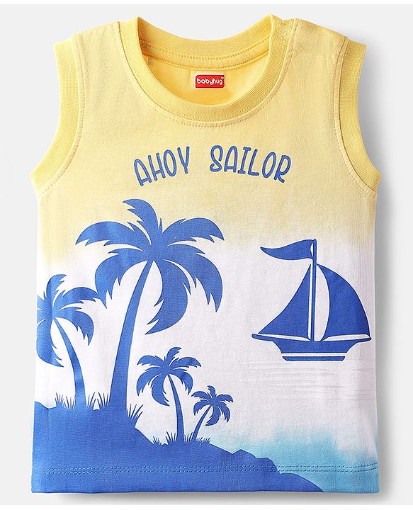 Babyhug Single Jersey Knit Sleeveless Tank T-Shirt and Shorts Set with Beach Theme Print - Blue & Yellow