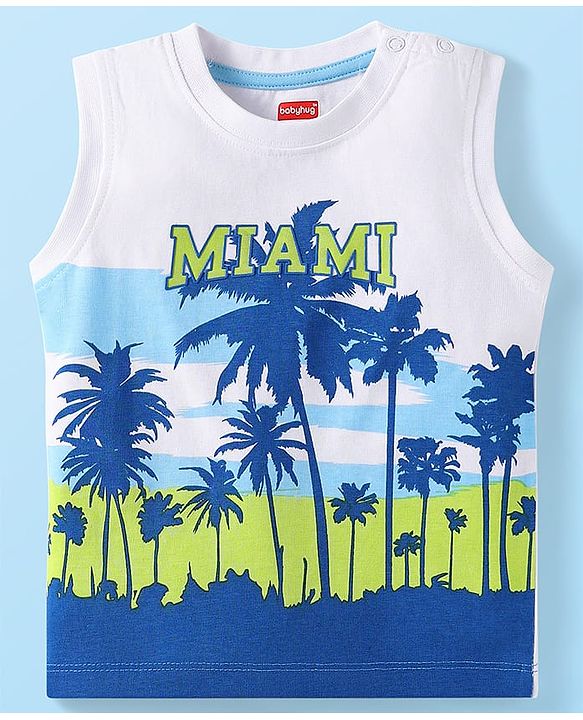 Babyhug Single Jersey Knit Sleeveless Tank T-Shirt & Shorts Set Tropical Theme Print- White Blue & Green