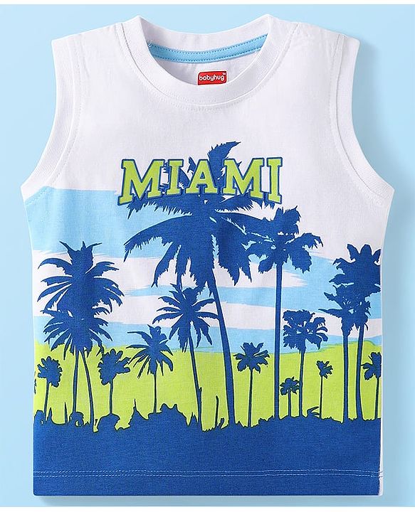 Babyhug Single Jersey Knit Sleeveless Tank T-Shirt & Shorts Set Tropical Theme Print- White Blue & Green