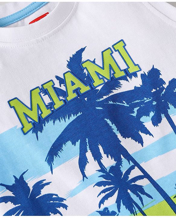 Babyhug Single Jersey Knit Sleeveless Tank T-Shirt & Shorts Set Tropical Theme Print- White Blue & Green