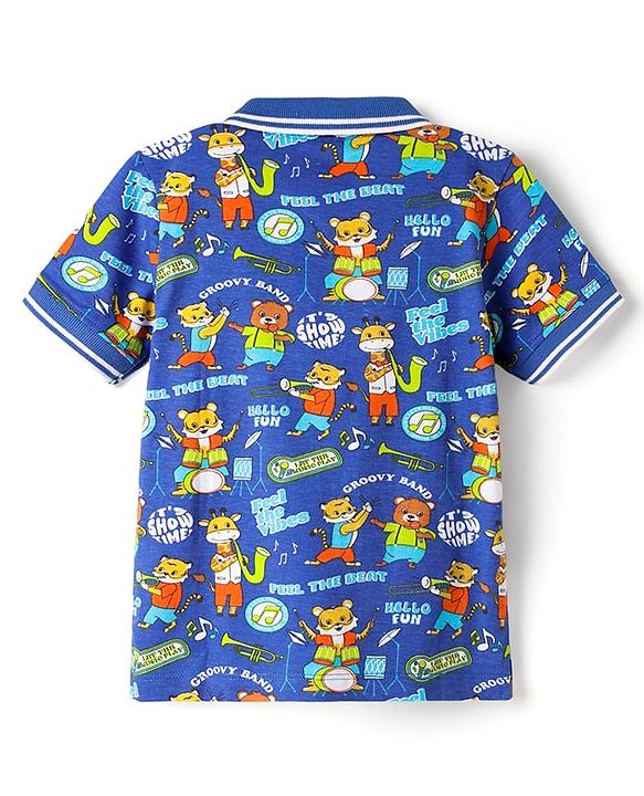 Babyhug Single Jersey Knit Half Sleeves Polo T-Shirt and Shorts Set With Animal Print - Blue & Limegreen