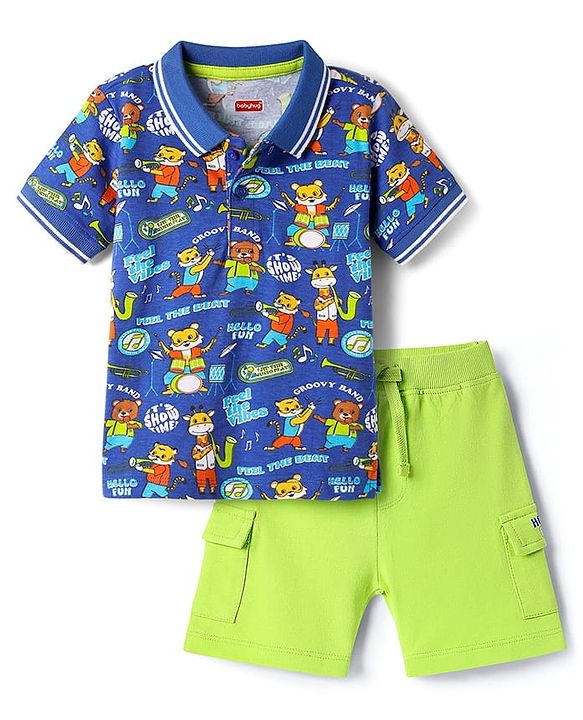 Babyhug Single Jersey Knit Half Sleeves Polo T-Shirt and Shorts Set With Animal Print - Blue & Limegreen
