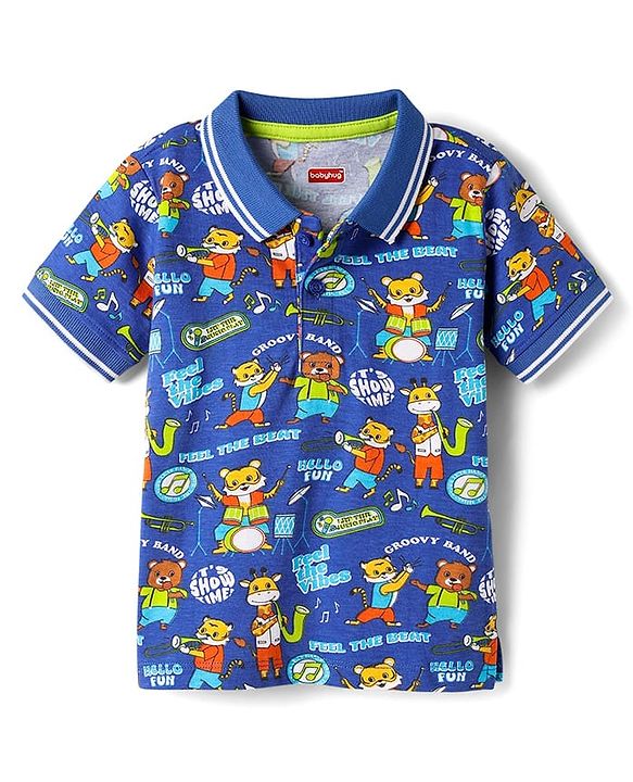 Babyhug Single Jersey Knit Half Sleeves Polo T-Shirt and Shorts Set With Animal Print - Blue & Limegreen