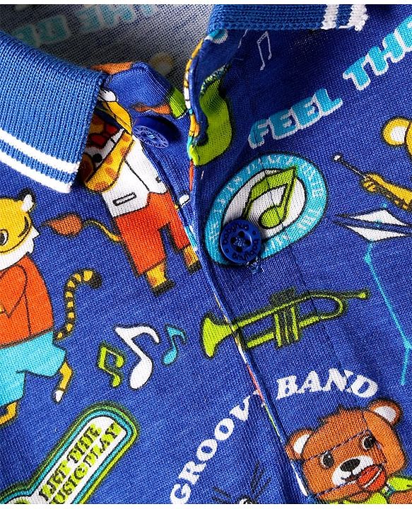 Babyhug Single Jersey Knit Half Sleeves Polo T-Shirt and Shorts Set With Animal Print - Blue & Limegreen