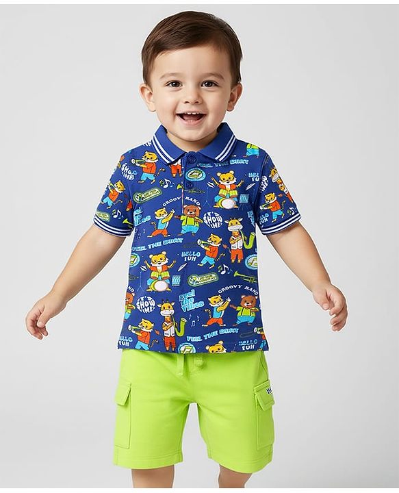 Babyhug Single Jersey Knit Half Sleeves Polo T-Shirt and Shorts Set With Animal Print - Blue & Limegreen