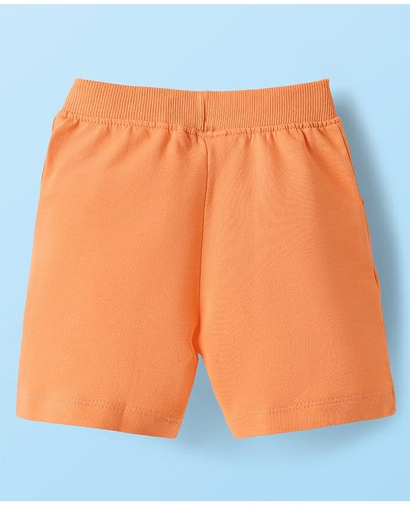 Babyhug Single Jersey Knit Half Sleeves Striped T-Shirt & Shorts Set with Crab Print & Fish Patch - Peach