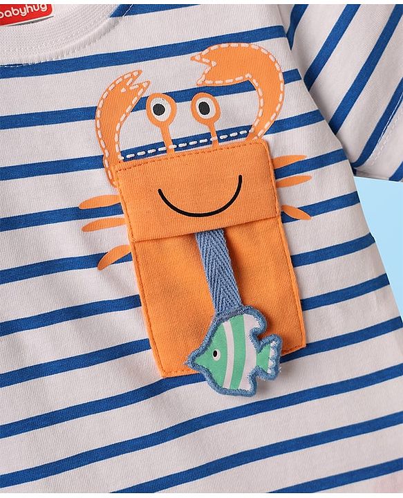Babyhug Single Jersey Knit Half Sleeves Striped T-Shirt & Shorts Set with Crab Print & Fish Patch - Peach