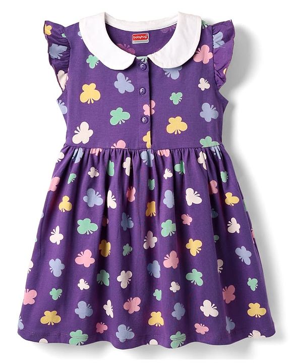 Babyhug Single Jersey Knit Frill Sleeves Peter Pan Collar Frocks & Bloomers With Butterfly Print - Purple