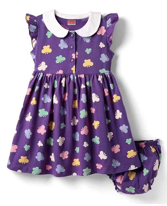 Babyhug Single Jersey Knit Frill Sleeves Peter Pan Collar Frocks & Bloomers With Butterfly Print - Purple
