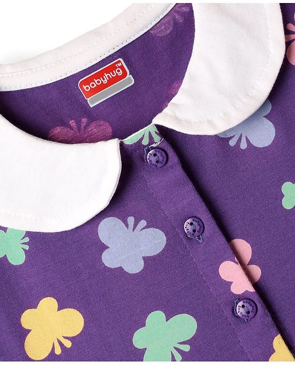 Babyhug Single Jersey Knit Frill Sleeves Peter Pan Collar Frocks & Bloomers With Butterfly Print - Purple