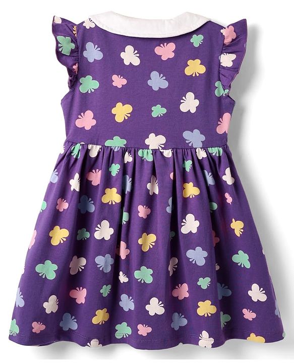 Babyhug Single Jersey Knit Frill Sleeves Peter Pan Collar Frocks & Bloomers With Butterfly Print - Purple