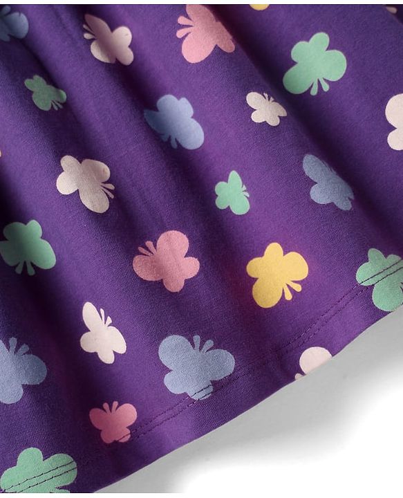 Babyhug Single Jersey Knit Frill Sleeves Peter Pan Collar Frocks & Bloomers With Butterfly Print - Purple