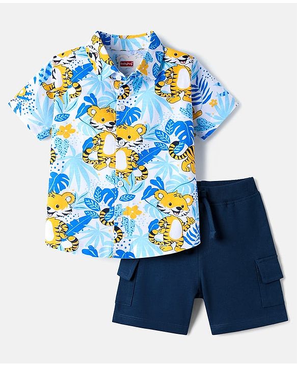 Babyhug Single Jersey Knit Half Sleeves Shirt & Shorts Set with Tiger  Print - Navy Blue & Light Blue