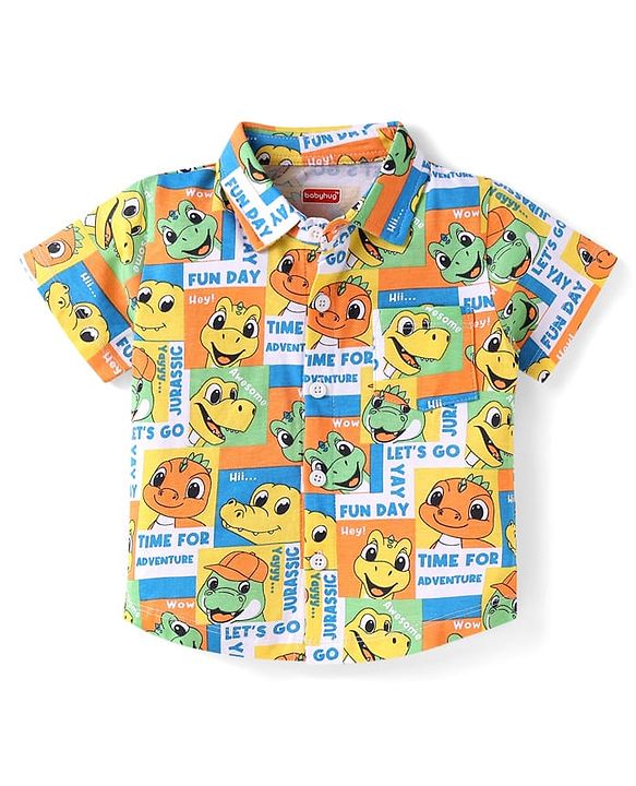 Babyhug Single Jersey Knit Half Sleeves Shirt & Shorts Set Dino Print- White & Blue