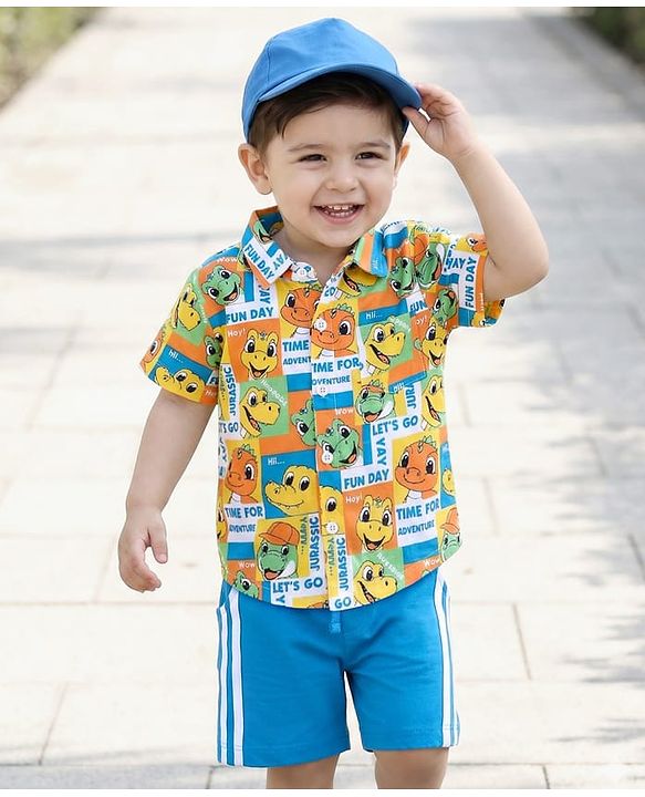 Babyhug Single Jersey Knit Half Sleeves Shirt & Shorts Set Dino Print- White & Blue