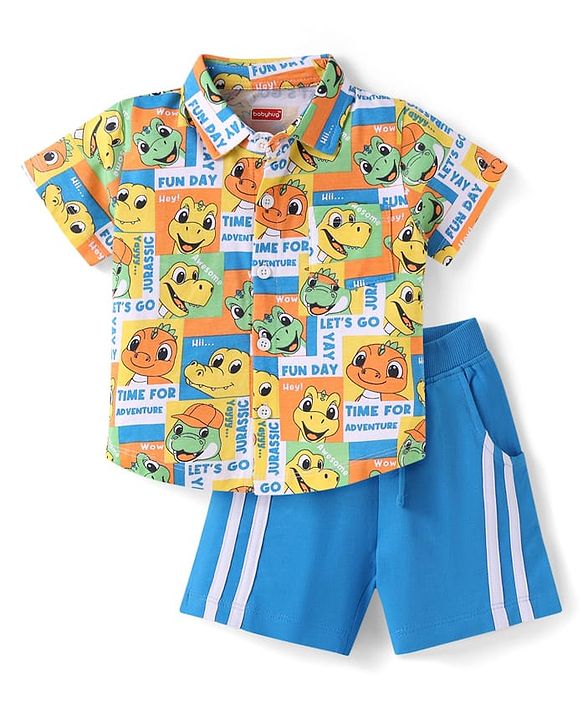 Babyhug Single Jersey Knit Half Sleeves Shirt & Shorts Set Dino Print- White & Blue
