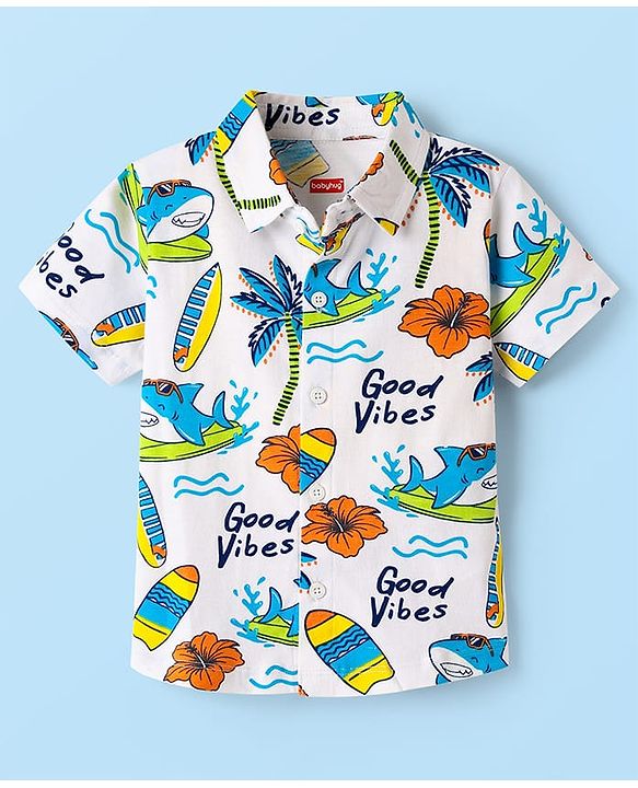 Babyhug 100% Cotton Knit Half Sleeves Shirt With Beach Theme Print & Short Set - White & Orange