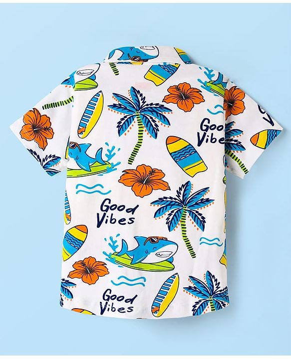 Babyhug 100% Cotton Knit Half Sleeves Shirt With Beach Theme Print & Short Set - White & Orange