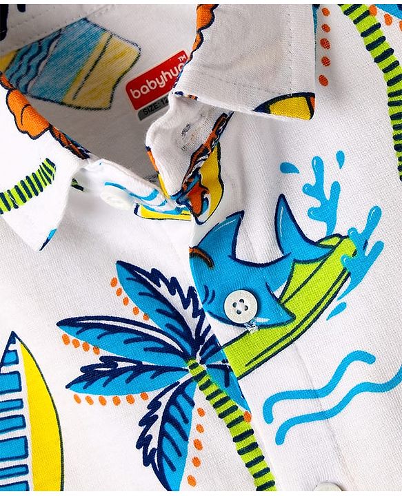 Babyhug 100% Cotton Knit Half Sleeves Shirt With Beach Theme Print & Short Set - White & Orange