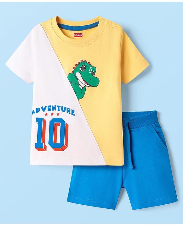 Babyhug 100% Cotton Knit Half Sleeves Croc Printed Cut & Sew T-Shirt & Short Set - Blue & Yellow