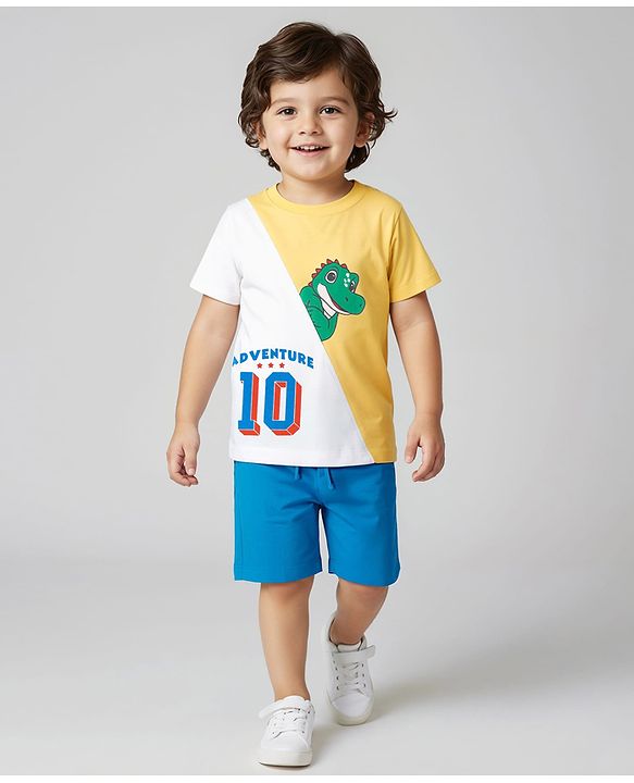 Babyhug 100% Cotton Knit Half Sleeves Croc Printed Cut & Sew T-Shirt & Short Set - Blue & Yellow