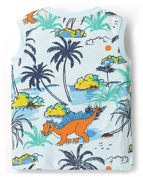 Babyhug Single Jersey Knit Sleeveless Tank T-Shirt & Shorts Co-Ord Set With Dino & Tree Print - Light Blue