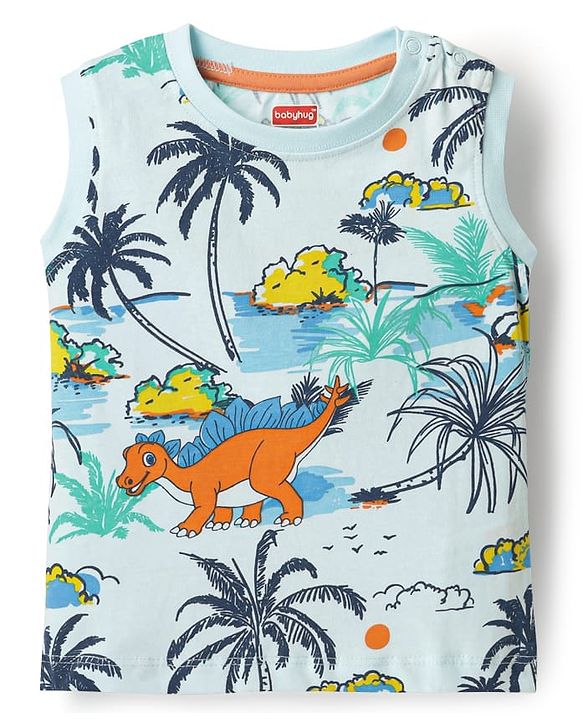 Babyhug Single Jersey Knit Sleeveless Tank T-Shirt & Shorts Co-Ord Set With Dino & Tree Print - Light Blue