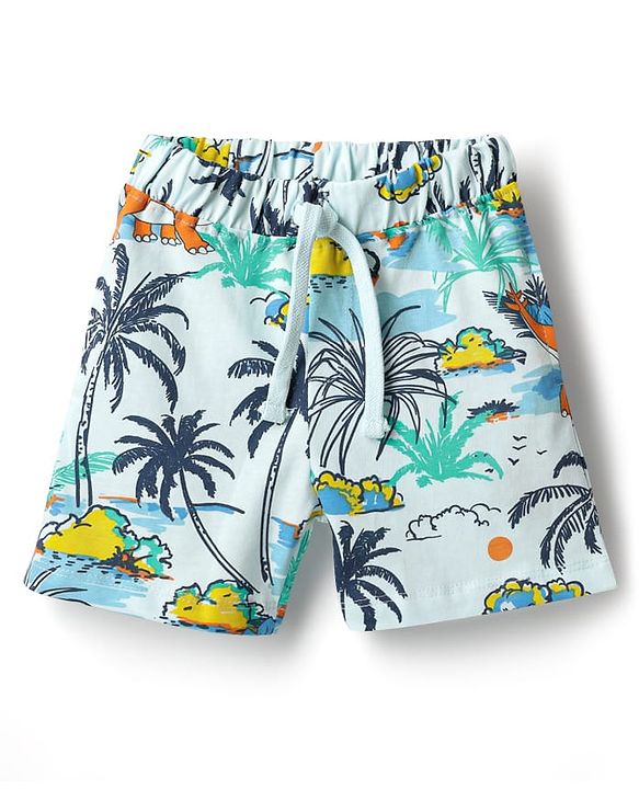 Babyhug Single Jersey Knit Sleeveless Tank T-Shirt & Shorts Co-Ord Set With Dino & Tree Print - Light Blue