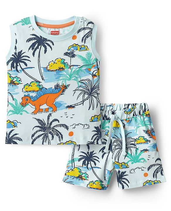 Babyhug Single Jersey Knit Sleeveless Tank T-Shirt & Shorts Co-Ord Set With Dino & Tree Print - Light Blue