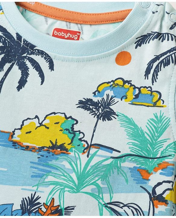 Babyhug Single Jersey Knit Sleeveless Tank T-Shirt & Shorts Co-Ord Set With Dino & Tree Print - Light Blue