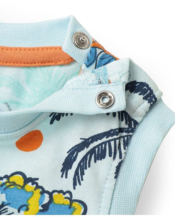 Babyhug Single Jersey Knit Sleeveless Tank T-Shirt & Shorts Co-Ord Set With Dino & Tree Print - Light Blue