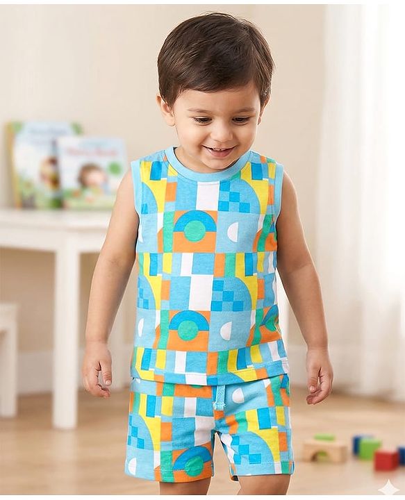 Babyhug Single Jersey Knit Sleeveless Printed Tank T-Shirt & Shorts Co-Ord Set - Multicolor