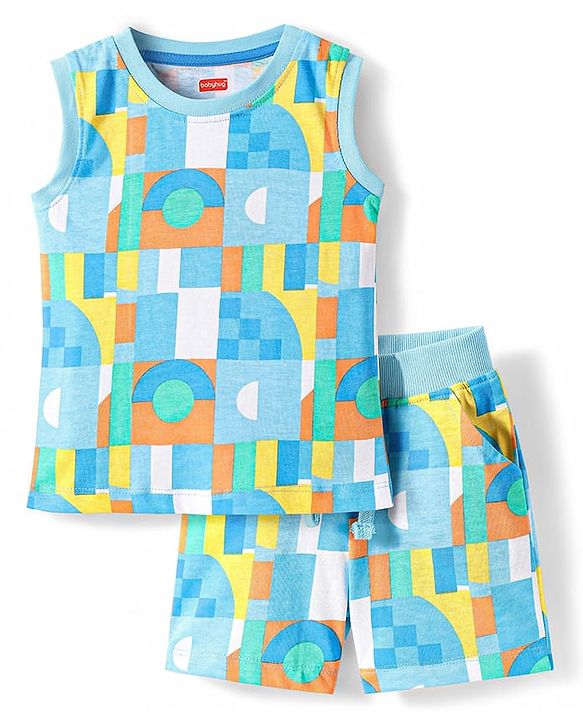 Babyhug Single Jersey Knit Sleeveless Printed Tank T-Shirt & Shorts Co-Ord Set - Multicolor
