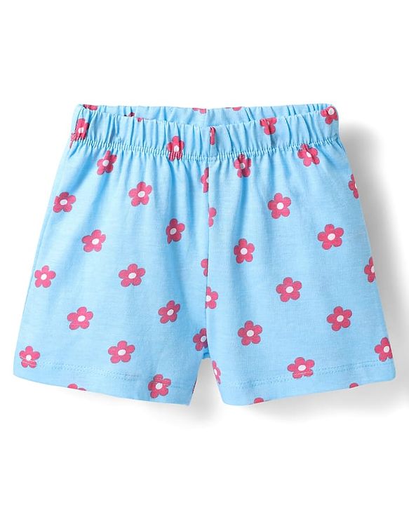 Babyhug Cotton Knit Half Sleeves Floral & Rainbow Printed Shorts Night Suit - Light Blue