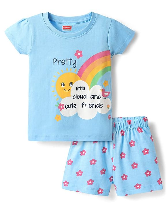 Babyhug Cotton Knit Half Sleeves Floral & Rainbow Printed Shorts Night Suit - Light Blue