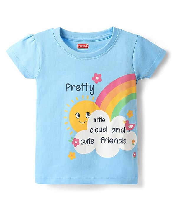 Babyhug Cotton Knit Half Sleeves Floral & Rainbow Printed Shorts Night Suit - Light Blue