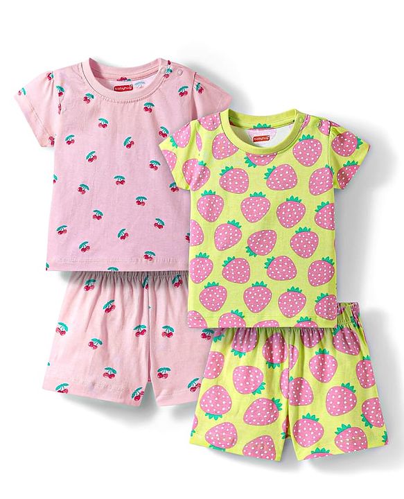 Babyhug Cotton Knit Half Sleeves Co-ords Shorts Night Wear With Fruit Print Pack Of 2 - Purple & Pink