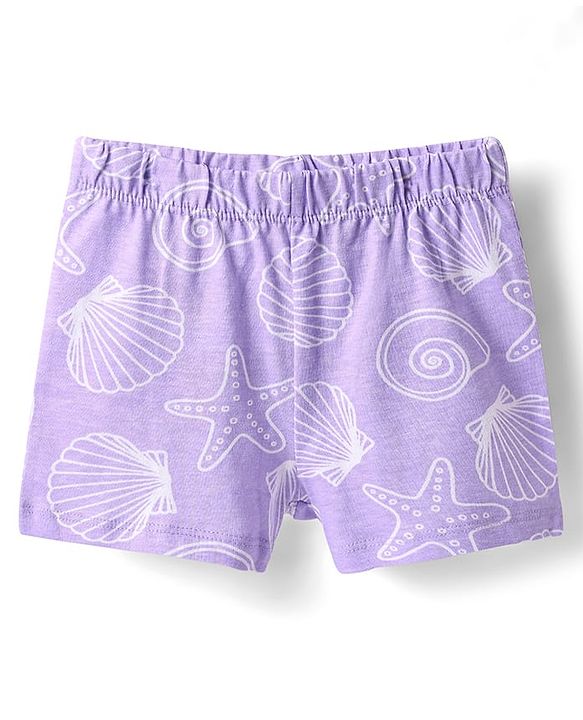 Babyhug Cotton Knit Half Sleeves Co-ords Shorts Night Suit with Sea Life Print - Lavender