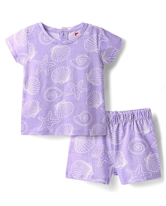Babyhug Cotton Knit Half Sleeves Co-ords Shorts Night Suit with Sea Life Print - Lavender