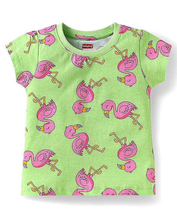 Babyhug Cotton  Knit  Half Sleeves Shorts Night Suit with Flamingo Print - Green