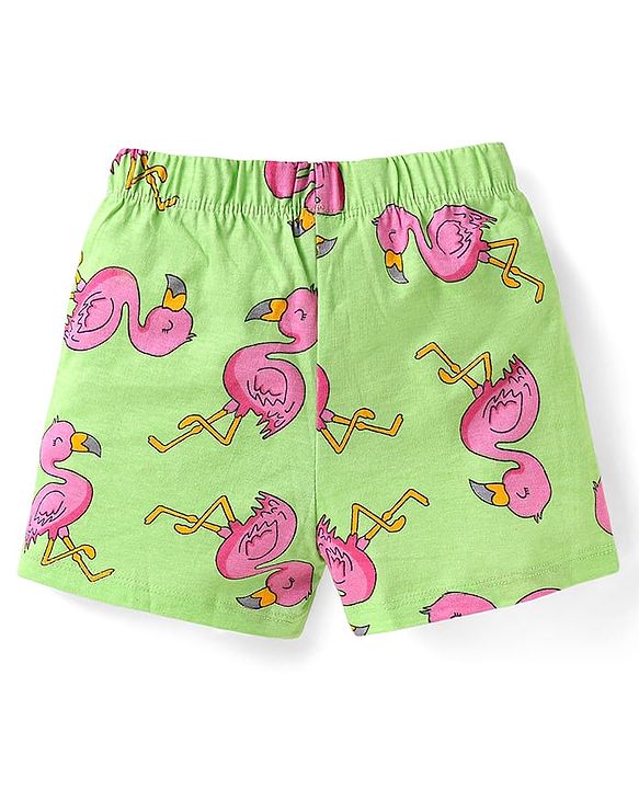 Babyhug Cotton  Knit  Half Sleeves Shorts Night Suit with Flamingo Print - Green