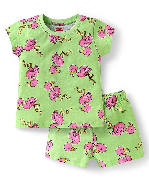 Babyhug Cotton  Knit  Half Sleeves Shorts Night Suit with Flamingo Print - Green