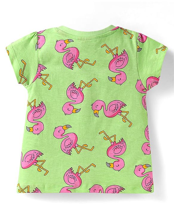Babyhug Cotton  Knit  Half Sleeves Shorts Night Suit with Flamingo Print - Green
