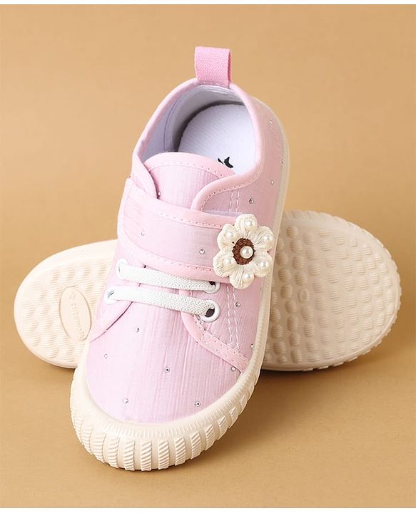 Cute Walk by Babyhug Velcro Closure Casual Shoes with Floral Applique - Beige