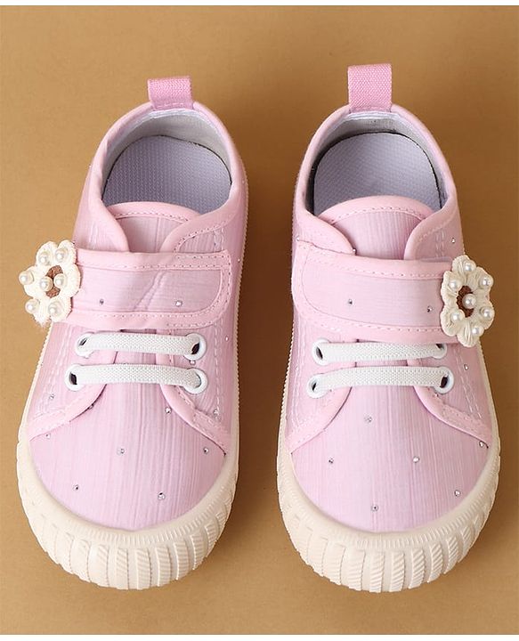 Cute Walk by Babyhug Velcro Closure Casual Shoes with Floral Applique - Beige