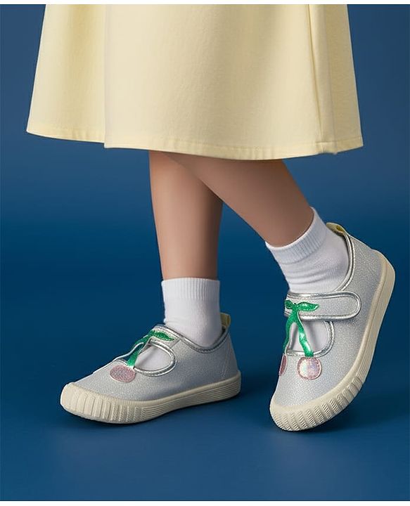 Cute Walk by Babyhug Casual Shoes with Velcro Closure & Cherry Applique - Silver