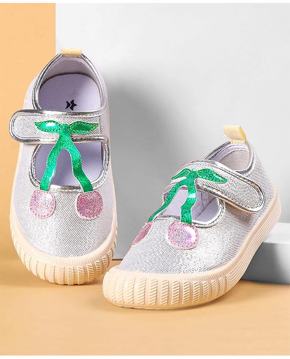 Cute Walk by Babyhug Casual Shoes with Velcro Closure & Cherry Applique - Silver