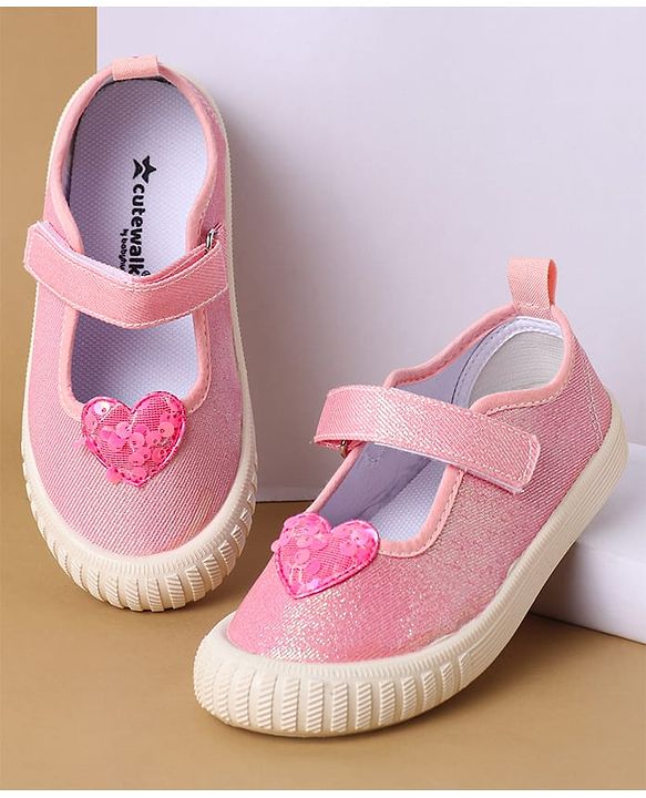 Cute Walk by Babyhug Velcro Closure Casual Shoes with Sequin Heart Applique - Fuchsia